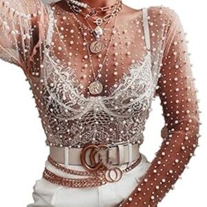 Women's Pearl See Through Mesh Sheer Long Sleeve Crop Tops Rhinestone